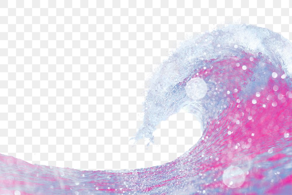 Pink ocean png wave border, sparkly aesthetic design, transparent background