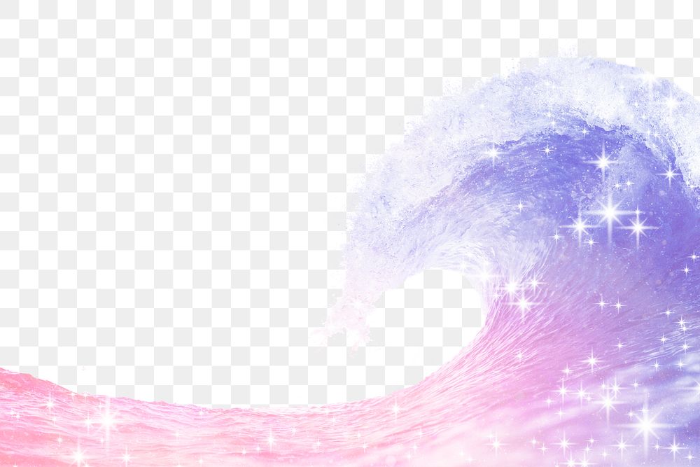 Holographic ocean png wave border, sparkly aesthetic design, transparent background