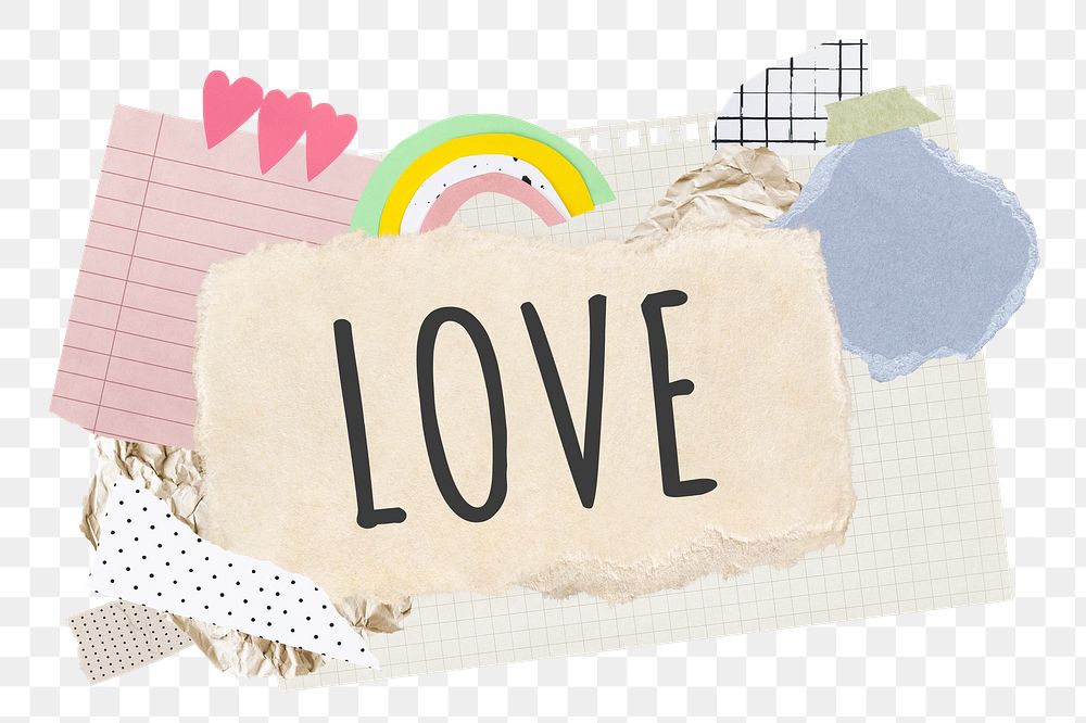 Love png word sticker typography, aesthetic paper collage, transparent background