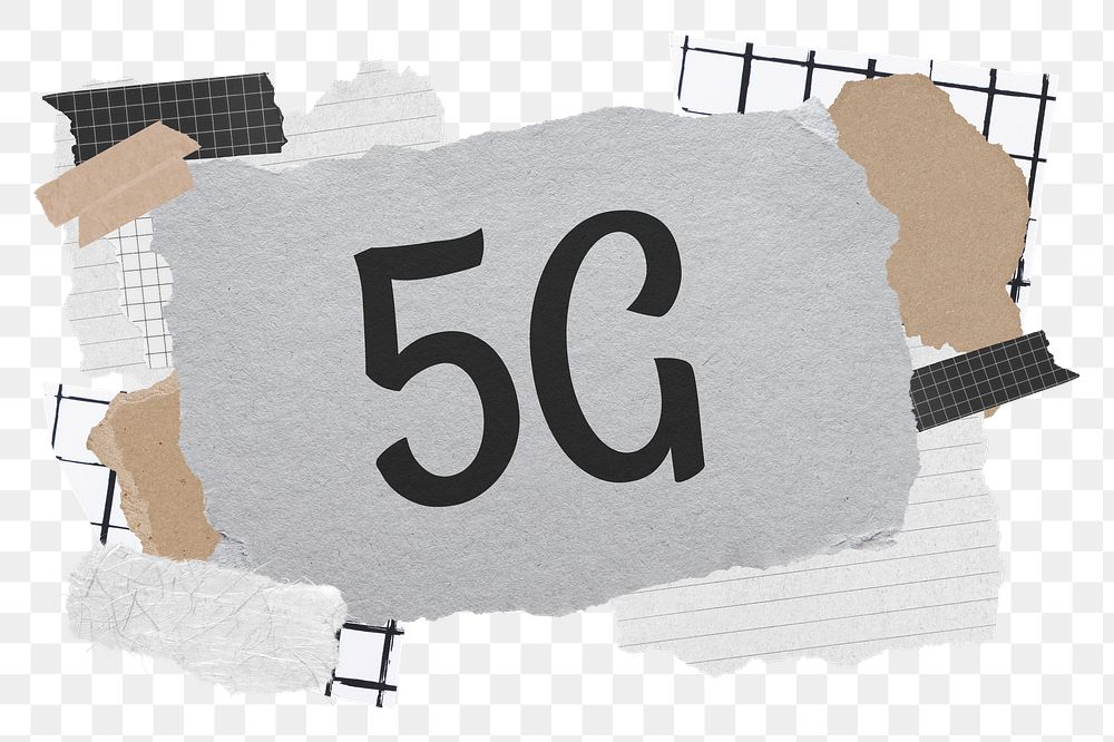 5G png word sticker typography, aesthetic paper collage, transparent background