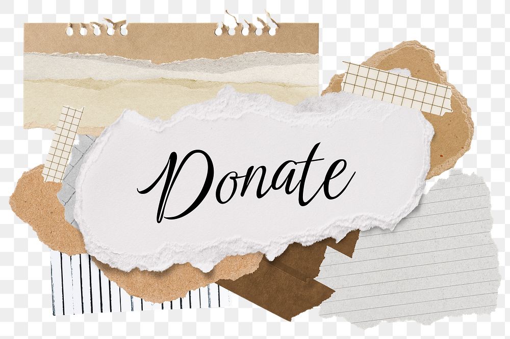 Donate png word sticker typography, aesthetic paper collage, transparent background