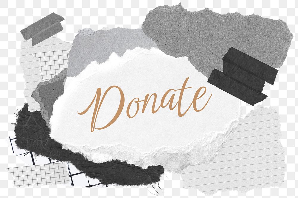 Donate png word sticker typography, aesthetic paper collage, transparent background