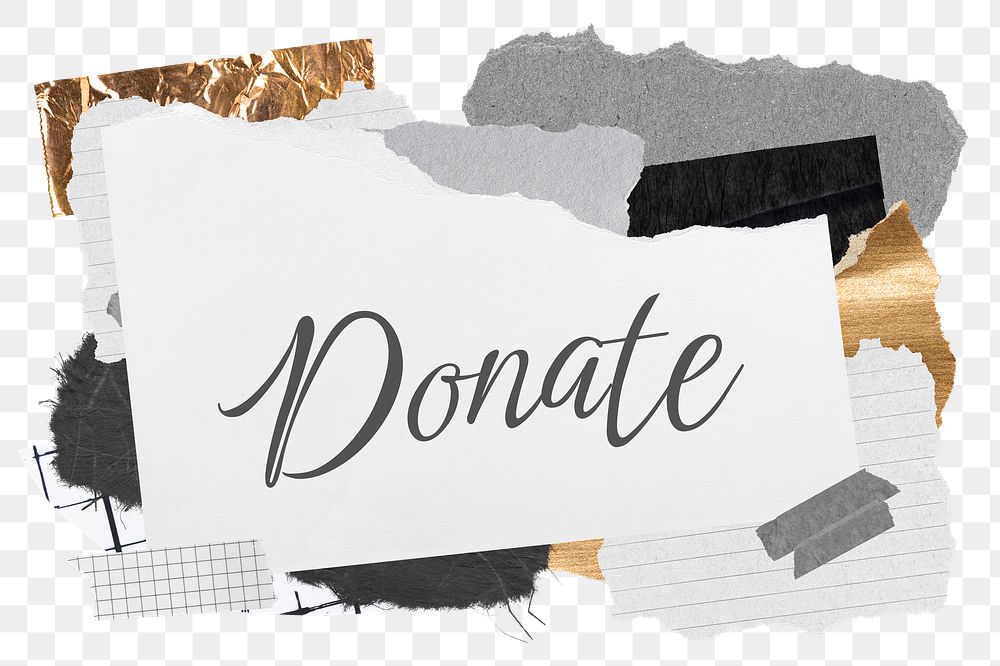Donate png word sticker typography, aesthetic paper collage, transparent background