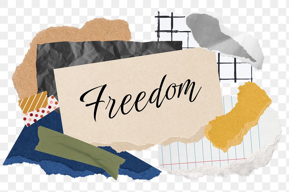 Freedom png word sticker typography, aesthetic paper collage, transparent background