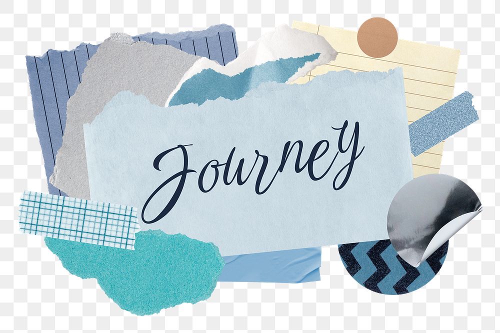 Journey png word sticker typography, aesthetic paper collage, transparent background