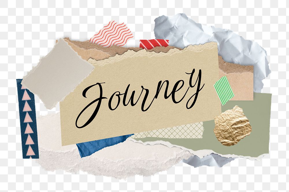 Journey png word sticker typography, aesthetic paper collage, transparent background
