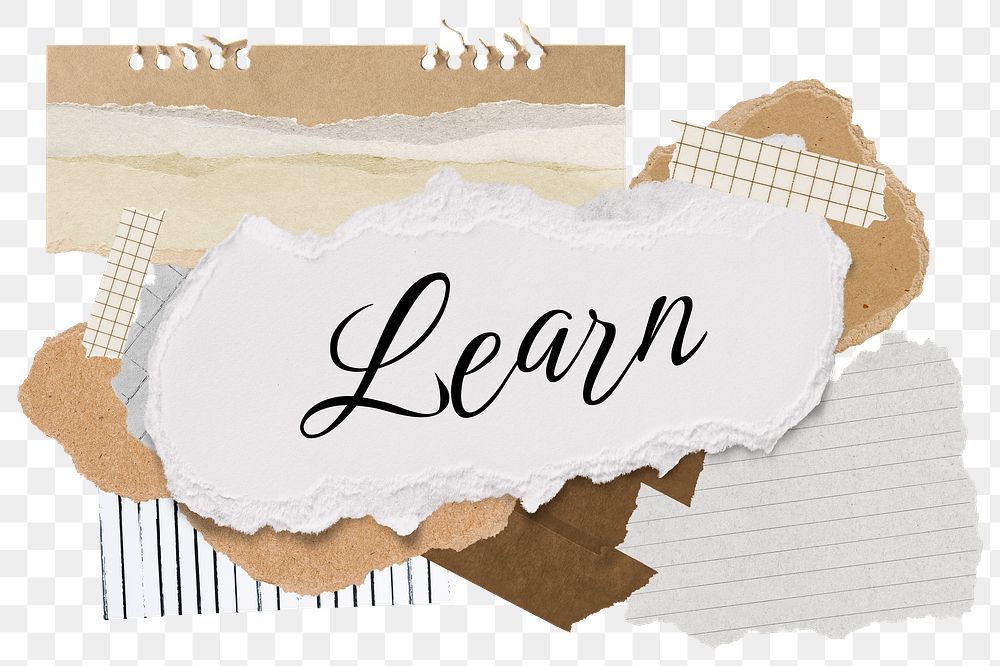 Learn png word sticker typography, aesthetic paper collage, transparent background
