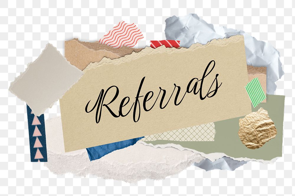 Referrals png word sticker typography, aesthetic paper collage, transparent background