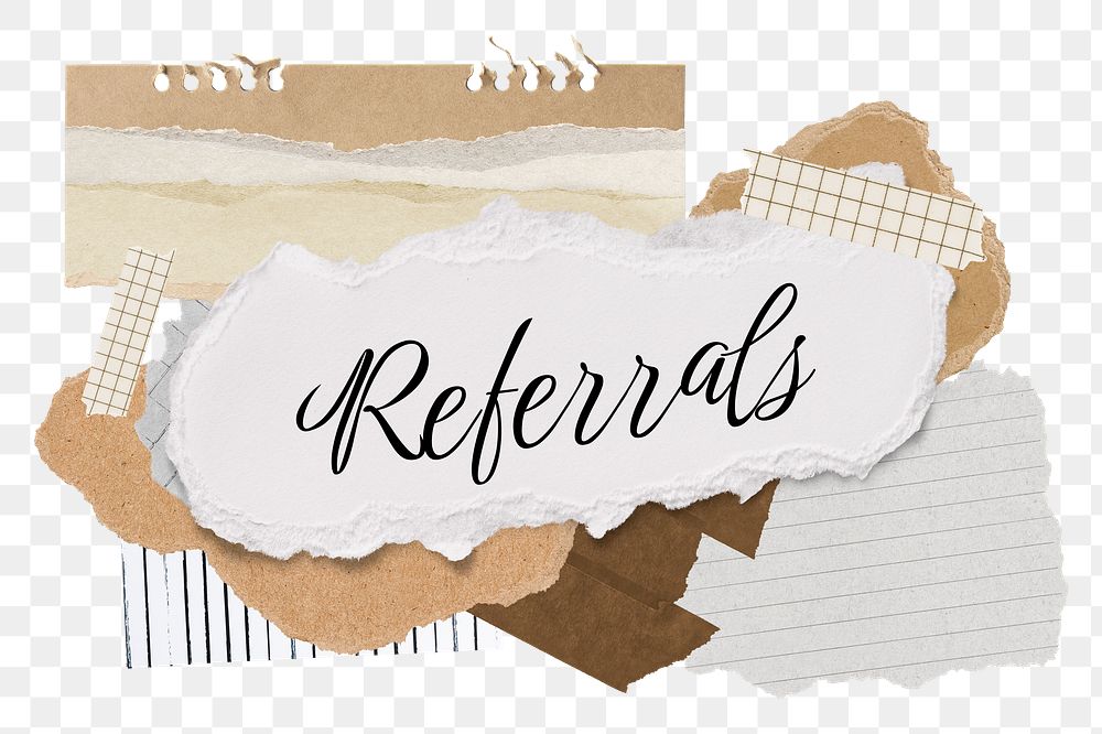 Referrals png word sticker typography, aesthetic paper collage, transparent background