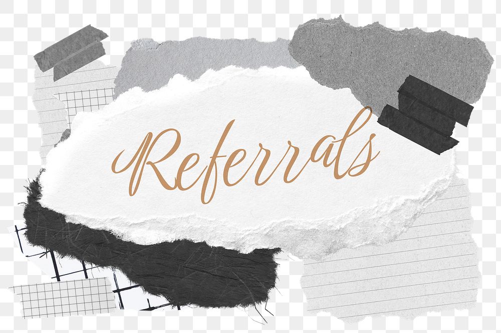 Referrals png word sticker typography, aesthetic paper collage, transparent background