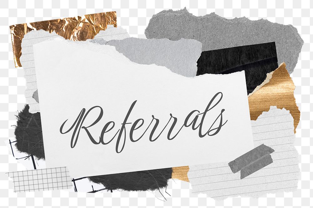 Referrals png word sticker typography, aesthetic paper collage, transparent background