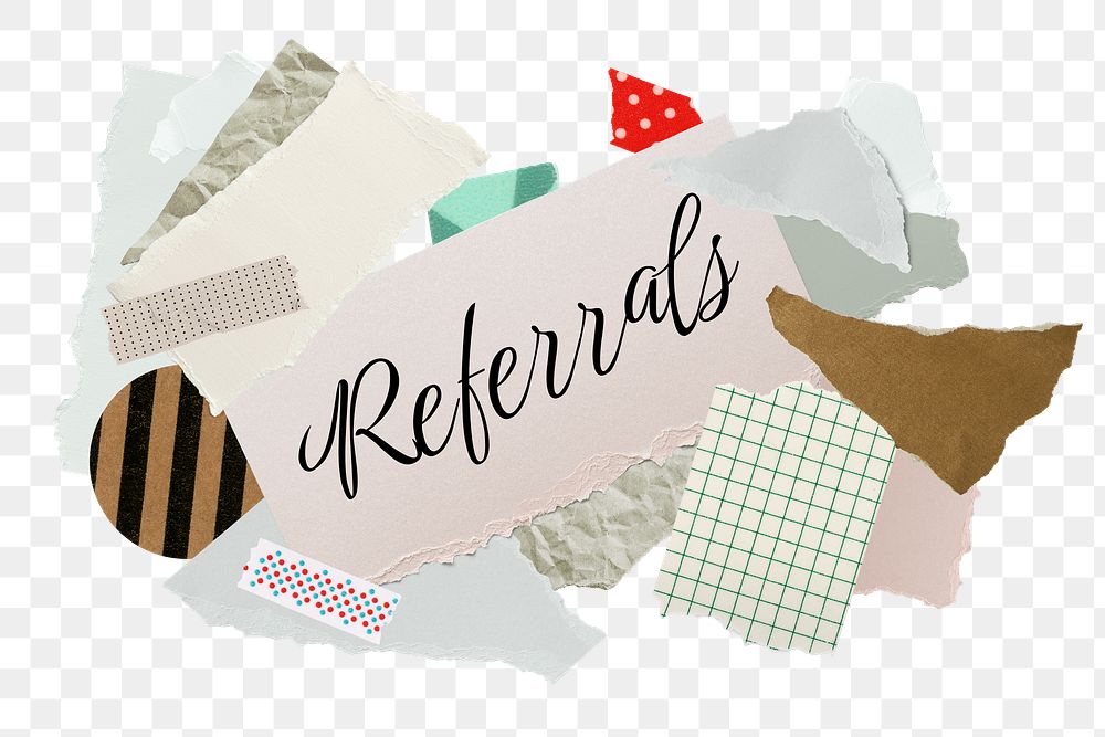 Referrals png word sticker typography, aesthetic paper collage, transparent background