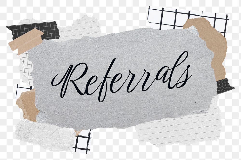 Referrals png word sticker typography, aesthetic paper collage, transparent background