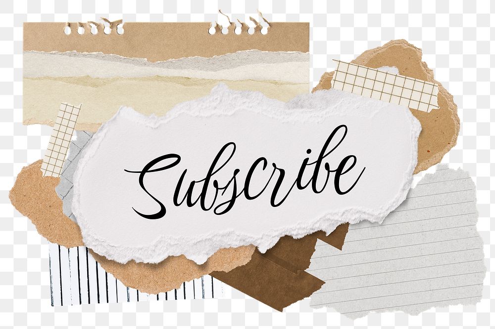 Subscribe png word sticker typography, aesthetic paper collage, transparent background