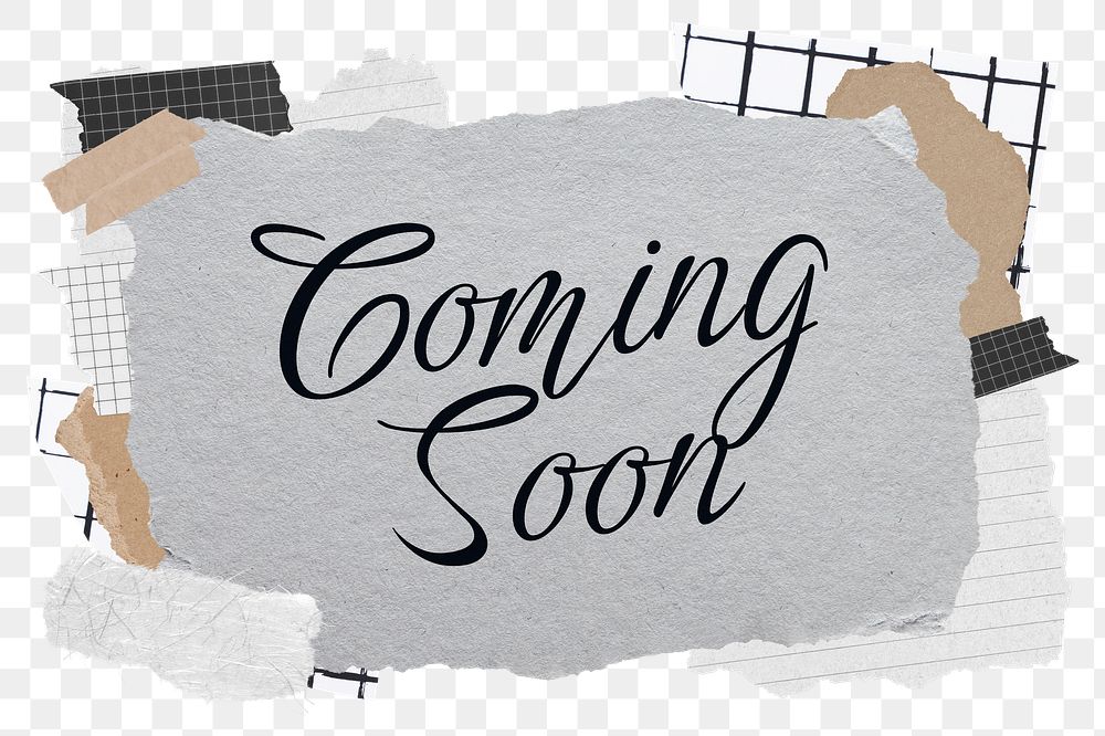 Coming soon png word sticker typography, aesthetic paper collage, transparent background