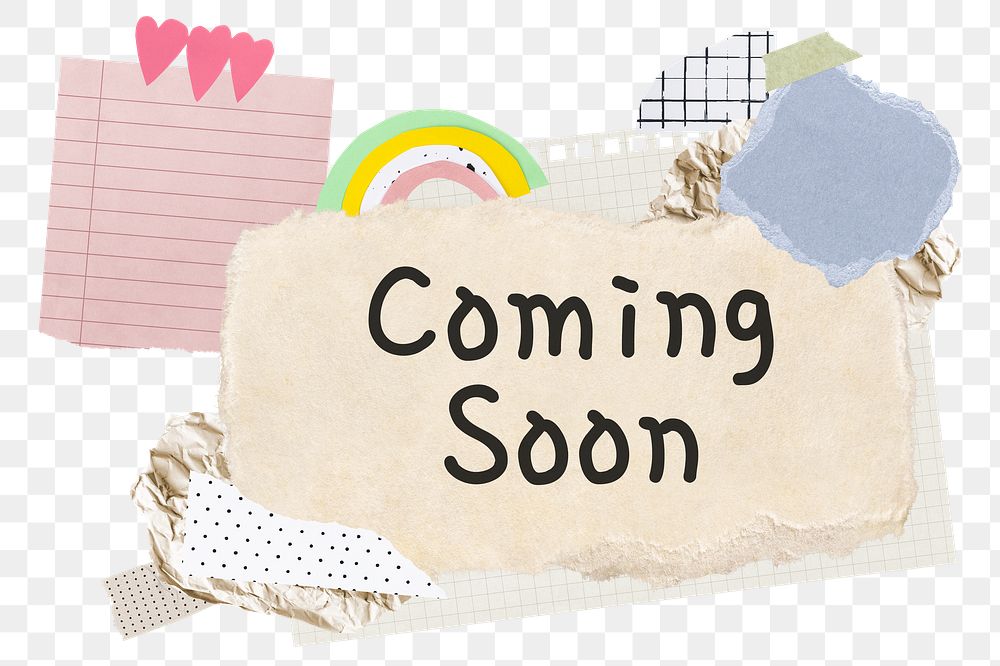 Coming soon png word sticker typography, aesthetic paper collage, transparent background