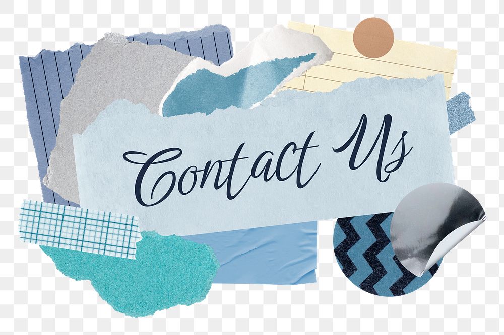 Contact us png word sticker typography, aesthetic paper collage, transparent background