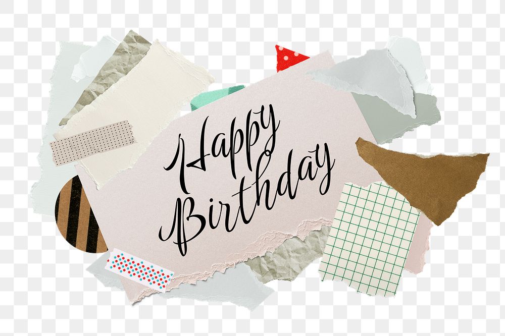Happy Birthday png word sticker typography, aesthetic paper collage, transparent background
