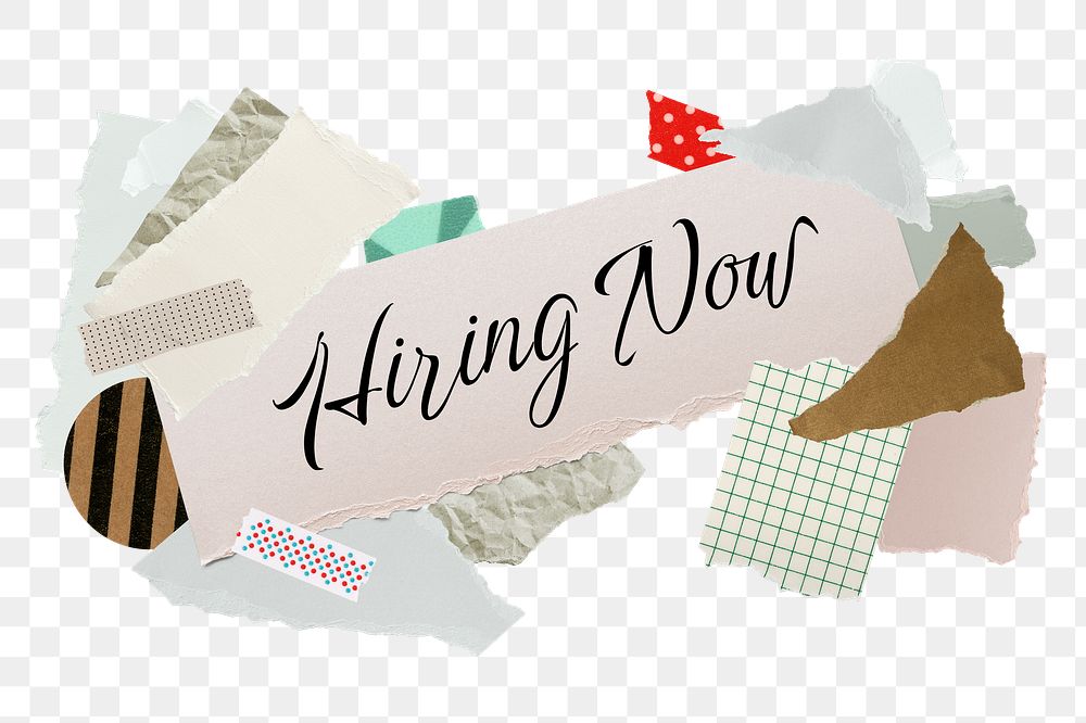 Hiring now png word sticker typography, aesthetic paper collage, transparent background