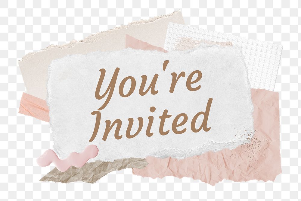 You're invited png word sticker typography, aesthetic paper collage, transparent background
