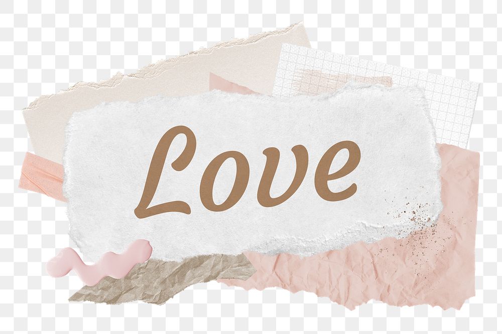 Love png word sticker typography, aesthetic paper collage, transparent background