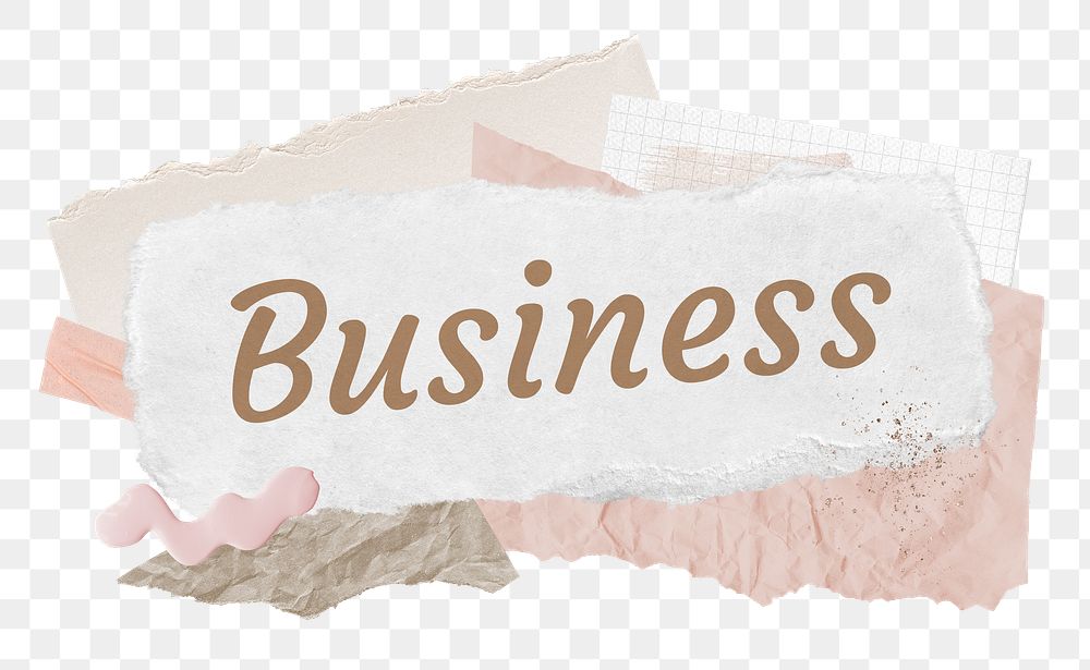 Business png word sticker typography, aesthetic paper collage, transparent background