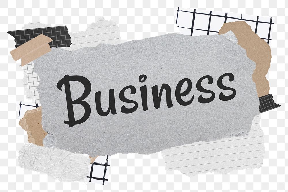 Business png word sticker typography, aesthetic paper collage, transparent background