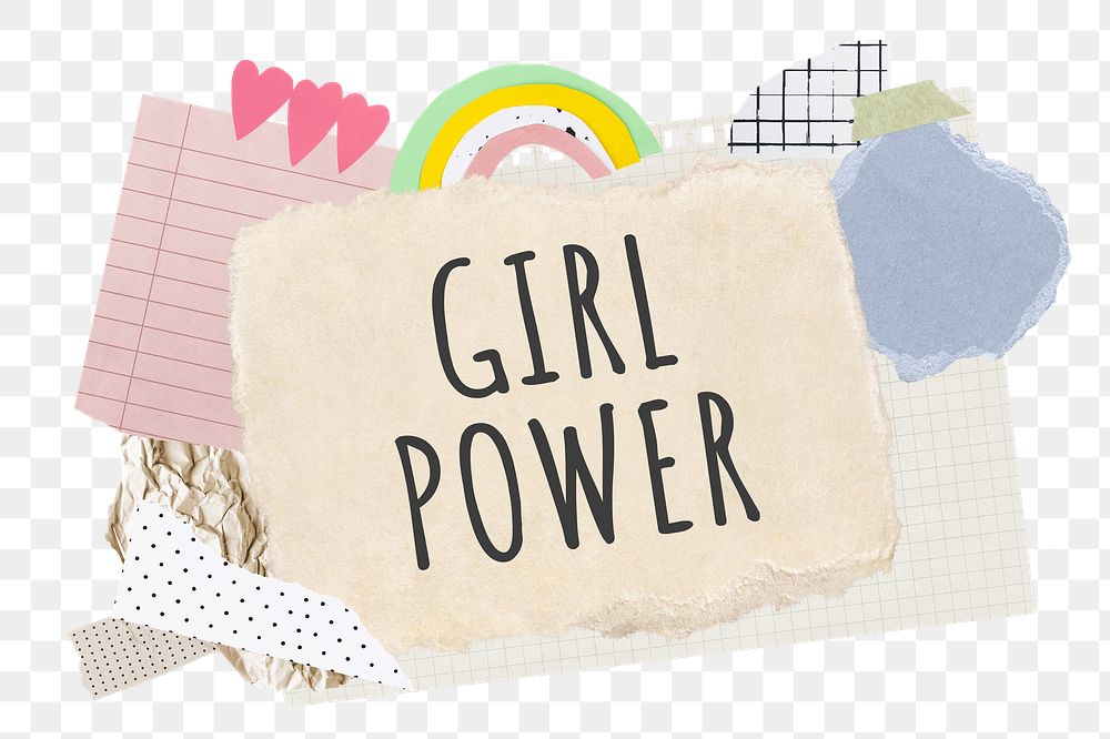 Girl power png word sticker typography, aesthetic paper collage, transparent background