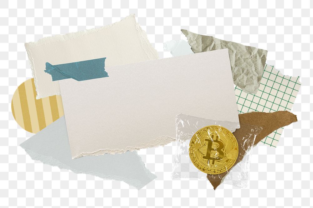 Bitcoin cryptocurrency png frame, paper collage aesthetic, transparent background