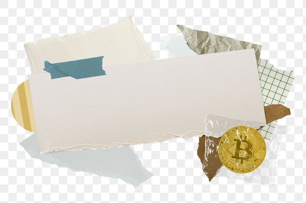 Bitcoin cryptocurrency png frame, paper collage aesthetic, transparent background