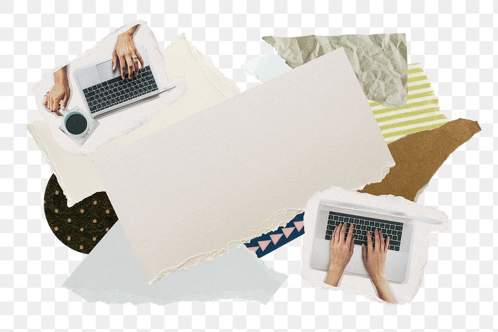 Aesthetic WFH png frame, paper collage aesthetic, transparent background