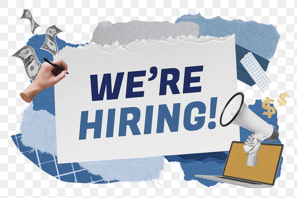We're hiring! png word sticker typography, marketing aesthetic paper collage, transparent background