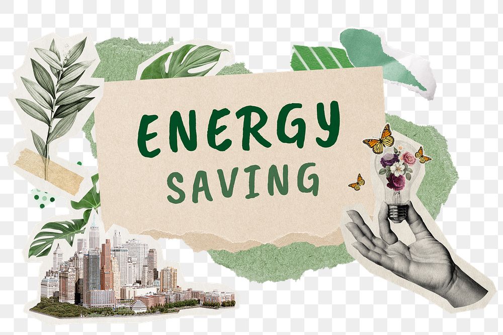 Energy saving png word sticker typography, environment aesthetic paper collage, transparent background