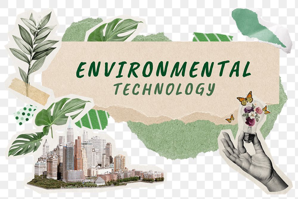 Environmental technology png word sticker typography, green aesthetic paper collage, transparent background