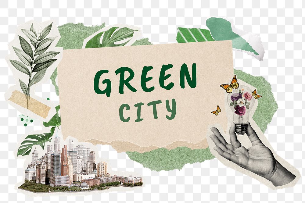 Green city png word sticker typography, environment aesthetic paper collage, transparent background