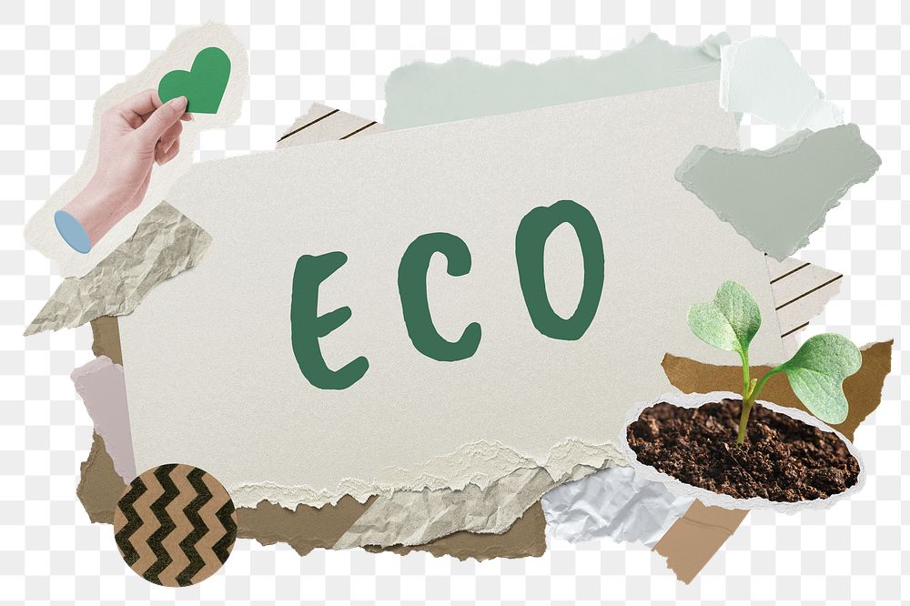 ECO png word sticker typography, environment aesthetic paper collage, transparent background