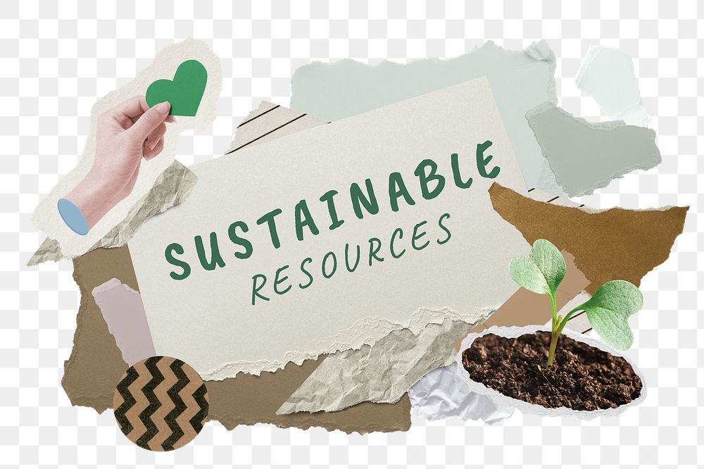 Sustainable resources png word sticker typography, environment aesthetic paper collage, transparent background
