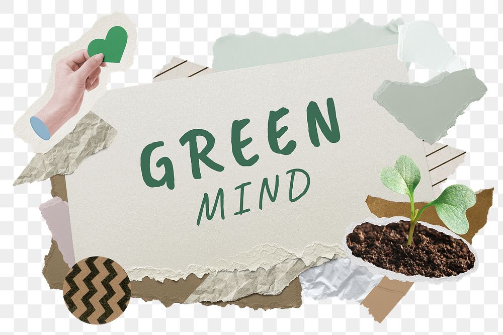 Green mind png word sticker typography, environment aesthetic paper collage, transparent background