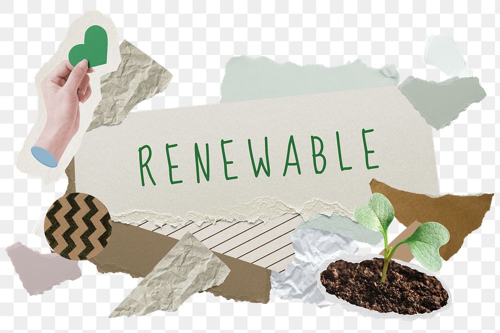 Renewable png word sticker typography, environment aesthetic paper collage, transparent background