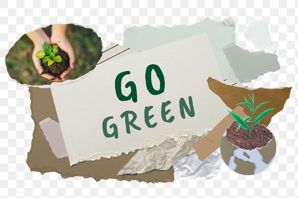 Go green png word sticker typography, environment aesthetic paper collage, transparent background