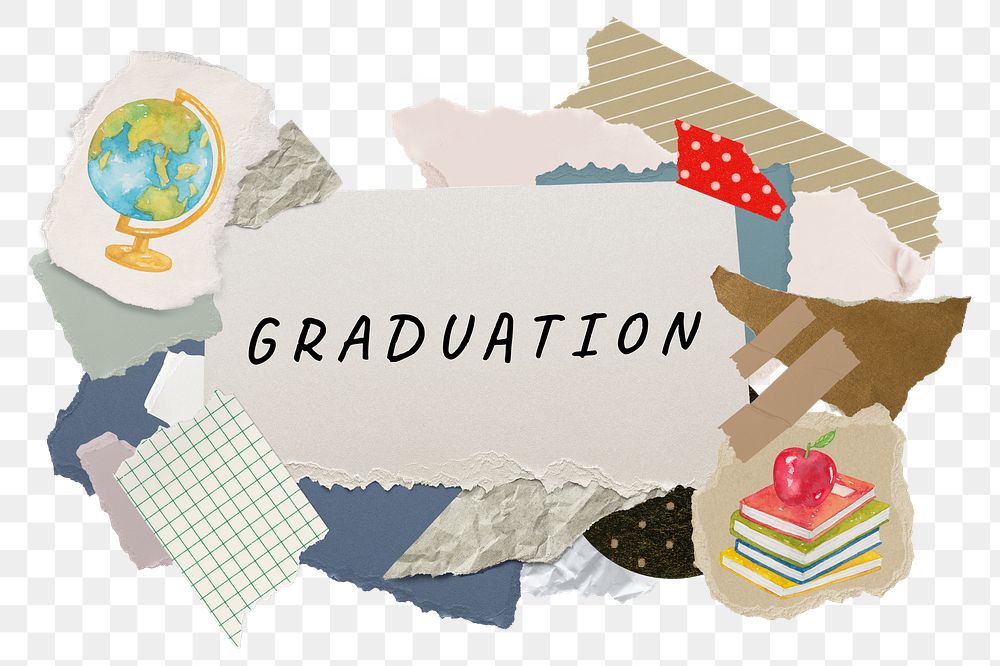 Graduation png word sticker typography, education aesthetic paper collage, transparent background