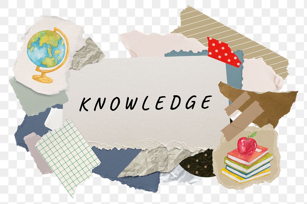 Knowledge png word sticker typography, education aesthetic paper collage, transparent background