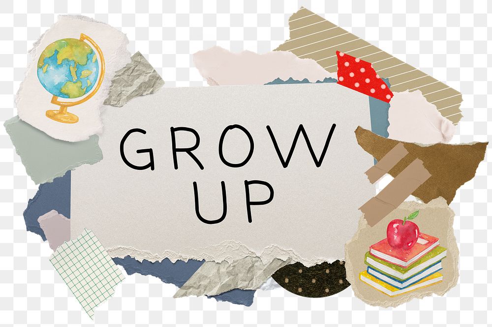 Grow up png word sticker typography, education aesthetic paper collage, transparent background