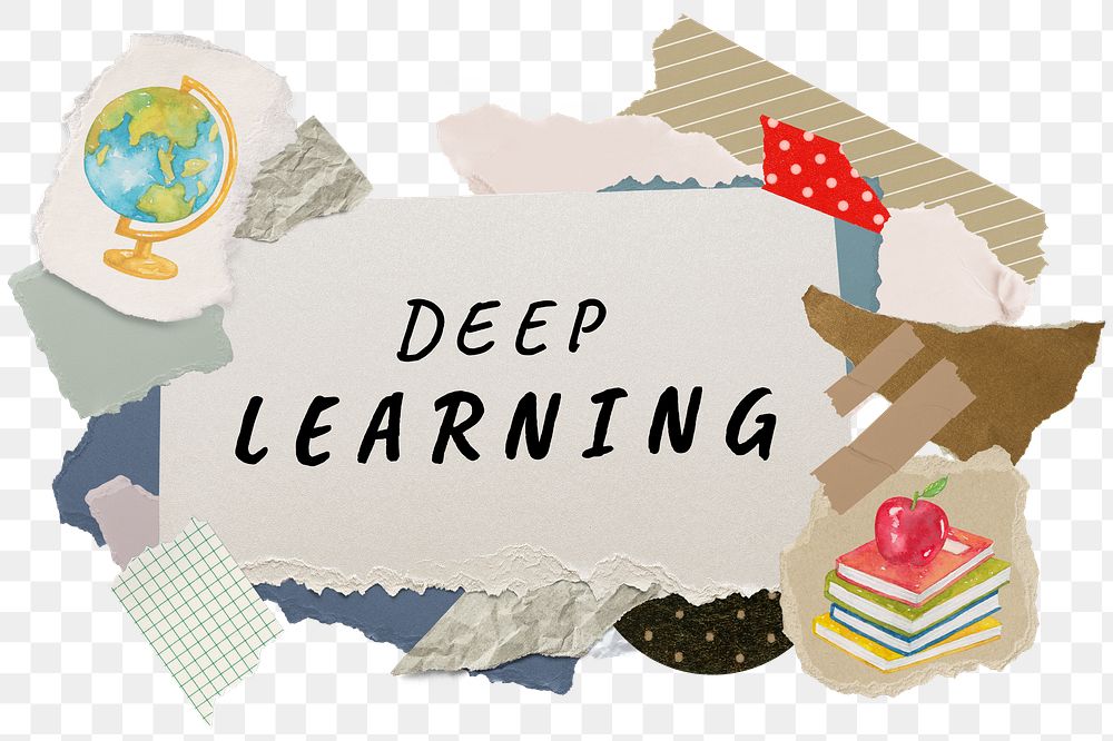 Deep learning png word sticker typography, education aesthetic paper collage, transparent background