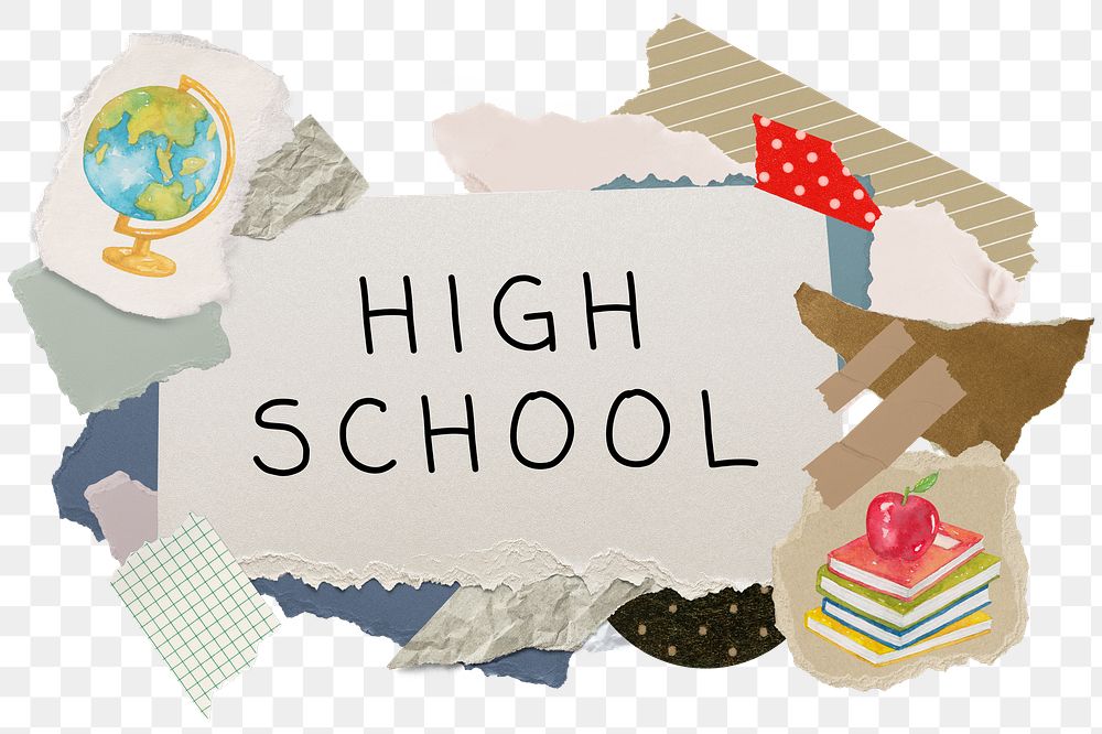 High school png word sticker typography, education aesthetic paper collage, transparent background