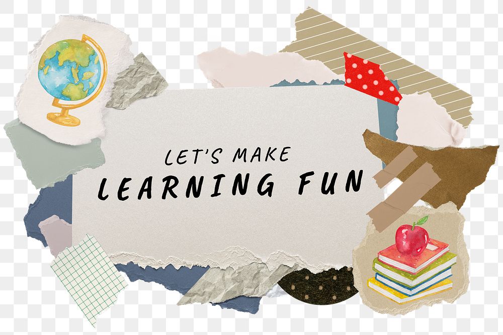 Png let's make learning fun word sticker typography, education aesthetic paper collage, transparent background
