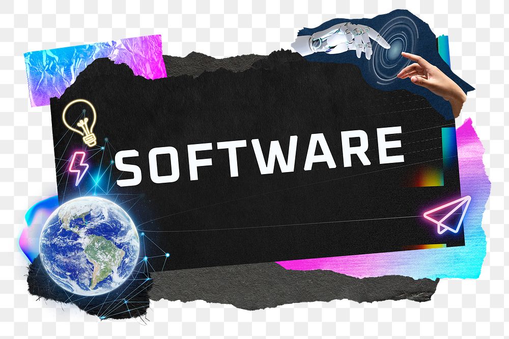 Software png word sticker typography, technology neon paper collage, transparent background