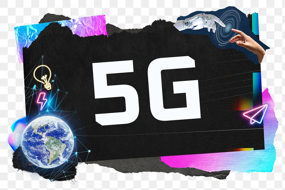 5G png word sticker typography, technology neon paper collage, transparent background