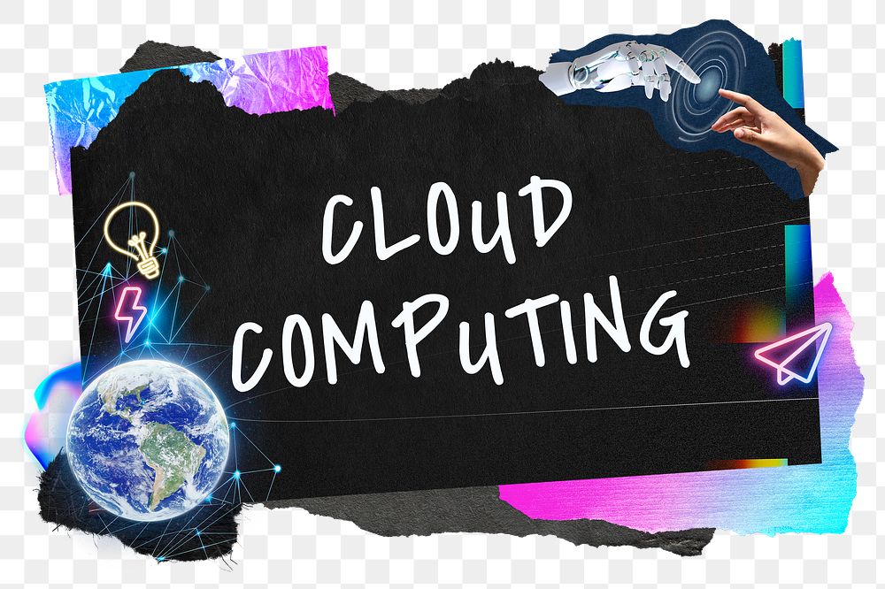 Cloud computing png word sticker typography, technology neon paper collage, transparent background