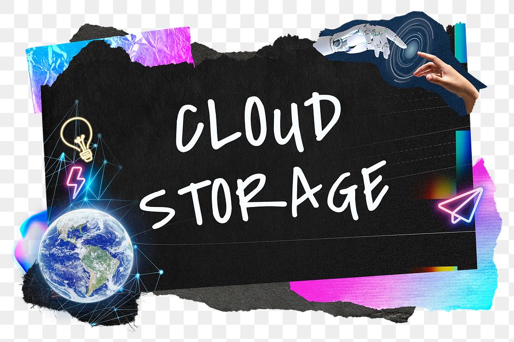 Cloud storage png word sticker typography, technology neon paper collage, transparent background